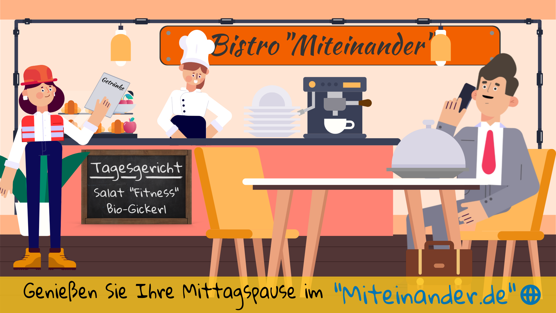 2D_Stil_blue_NibeLas_Erklärvideo 2D / Flat-Stil<br />Dieses Design ähnelt einem einfachen Zeichentrickfilm. Hier werden flache, schlichte Objekte und Charaktere verwendet. Dieser Stil ist sehr beliebt, denn gerade deshalb ist es leicht möglich, die Kernaussagen mit starken Farben, Formen und z.B. Sprechblasen deutlich hervorzuheben. Das vereinfachte Design erlaubt die Darstellung einer Szene mit vielen Objekten und Details.