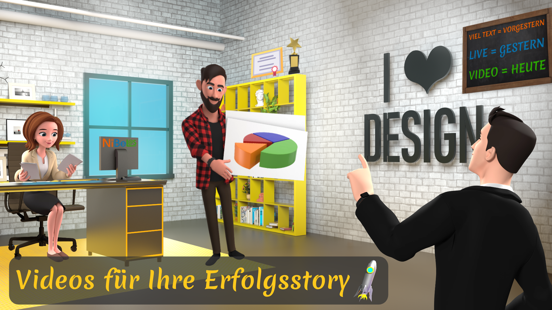 3D_NiBeLas_I_Love_Design_Erklaervideo 3D Animation<br />Das ist der modernste Stil. Er erregt viel Aufmerksamkeit und wird als sehr attraktiv wahrgenommen. Dieser Stil erinnert an aktuelle Animationsfilme im Kino und wird oft als "Pixar"-Style bezeichnet. Diese Animationen sind noch nicht so weit verbreitet. Der Einsatz dieses Designs bietet durchaus die Chance, sich vom Wettbewerb abzuheben. Die Details und Bewegungen der Objekte sind deutlich realistischer als beim Flat-Stil. Für eine aussagekräftige Inhaltsvermittlung dienen Sprechblasen, Bauchbinden (engl. lower thirds) und Animationen. Neben kompletten 3D Erklärfilmen werden diese Animationen oft als Intro, Outro oder kurze Videosequenz in Kombination mit anderen Stilen produziert, um beim Zuschauer einen bleibenden Eindruck zu hinterlassen.