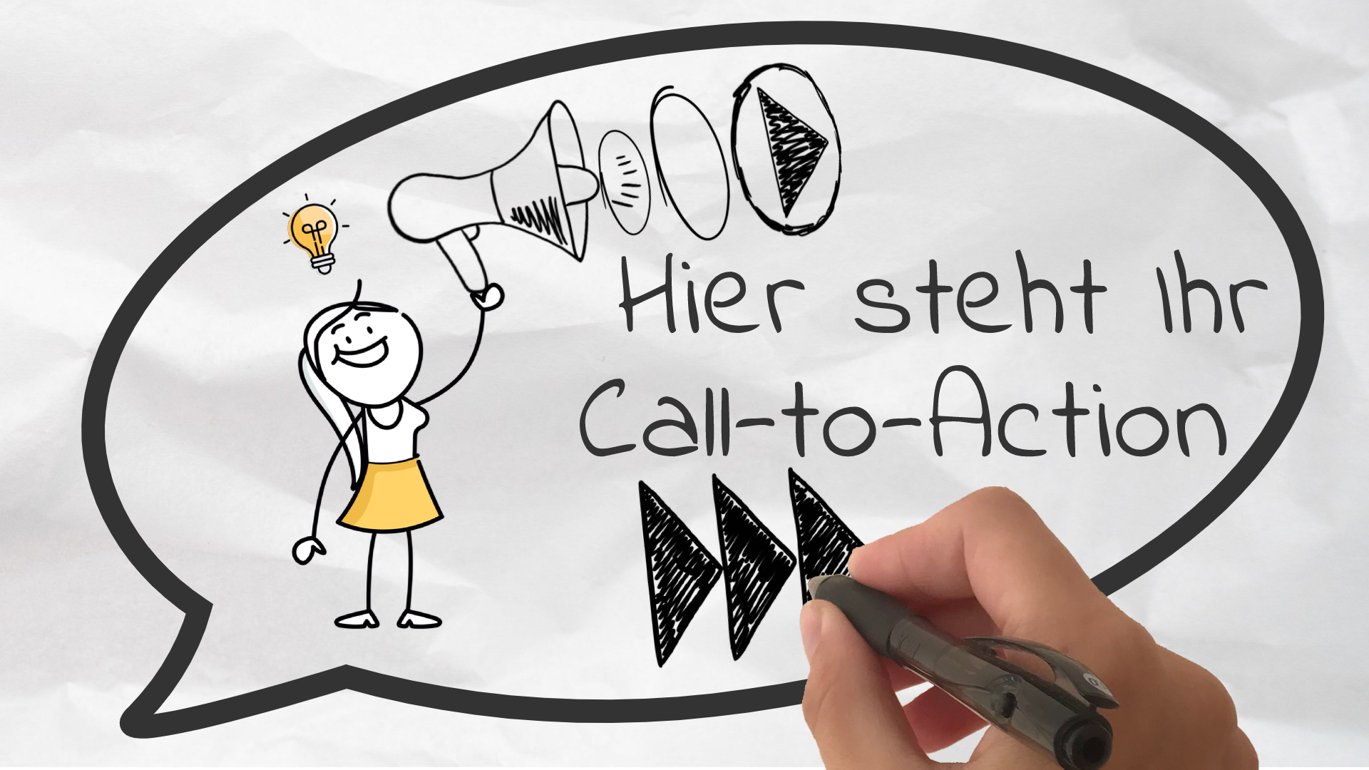 Doodle_Whiteboard_Call-to-Action Whiteboard /Doodle<br />2 englische Begriffe, die Ähnliches beschreiben. Es wird auf einer Tafel (engl. whiteboard) oder Papier eine Zeichnung oder Gekritzel (engl. doodle) nachempfunden. Meistens zeichnet eine animierte Hand die Objekte. Das verleiht dem Film Dynamik. Die eher schlichten Bilder und Objekte sind einem Cartoon sehr ähnlich. Mit ausgewählten Farbgebungen können Kernbotschaften deutlich hervorgehoben werden. Mit einem Doodle Video ist der Wissenstransfer sehr attraktiv und lebendig. Der Fantasie sind keine Grenzen gesetzt!